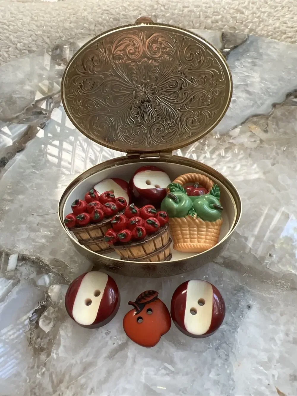 Vtg Florentine Gold Trinket Box Marbled Lid Apple Basket Sewing Button Craft Lot